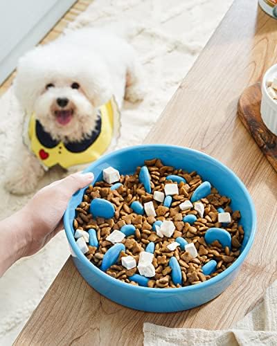LE TAUCI PET Slow Feeder Dog Bowl Ceramic, 1.5 Cups, Blue, Non-slip Base