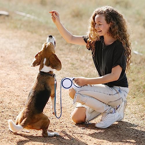 Segarty Extendable Leash, 16ft Heavy Duty Walking Dog Retractable Leash for Medium Small Dogs up to 44lb, Anti-Slip Handle 360°Tangle-Free Nylon Tape, One-Handed One Button Lock (Blue White)