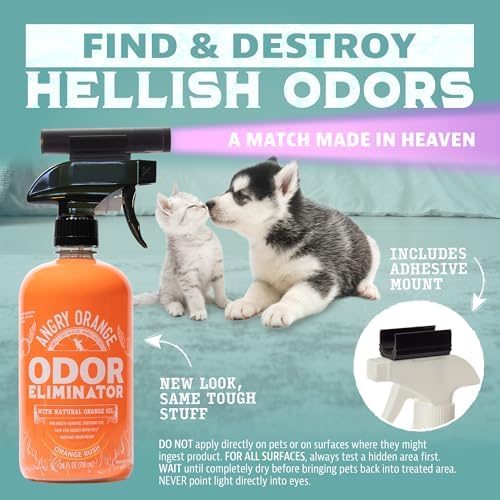 ANGRY ORANGE Pet Odor Eliminator Kit for Dog/Cat Urine, 24oz Citrus Odor Eliminator Spray and Stain Sniper Flashlight - NEW Orange Rush Scent