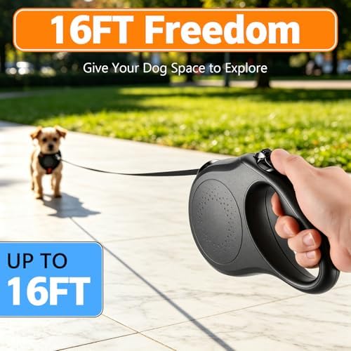 Retractable Dog Leash, 16 FT Strong Nylon Tape for Small and Medium Dogs up to 55 lbs, 360° Tangle-Free Design, One-Hand 3-Mode Brake & Lock, Ergonomic Non-Slip Handle, Black