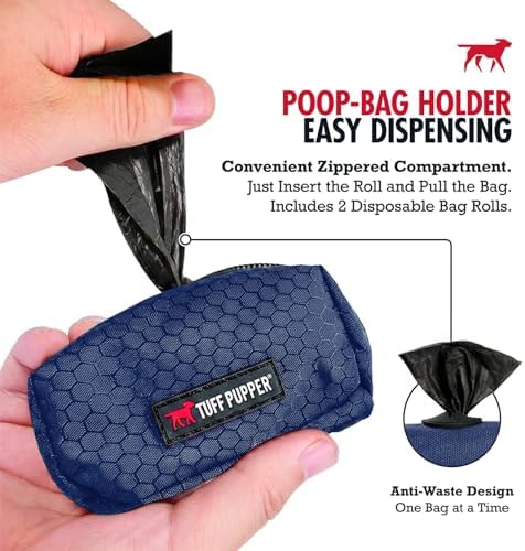 Tuff Pupper Dog Poop Bag Holder | Works with Any Dog Leash | Zippered Waste Bag Dispenser | Waterproof with Rust-Proof Clip | Convenient Lightweight Design | Includes 2 Rolls of Leak-Proof Bags