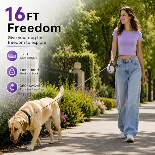 Heavy Duty Retractable Dog Leash-16ft Strong & Durable Walking Leash for S to L Dogs up to 45/115 lbs, Upgraded Lock System, Non Slip Grip, Tangle Free (Grey, Medium-Large Sized)