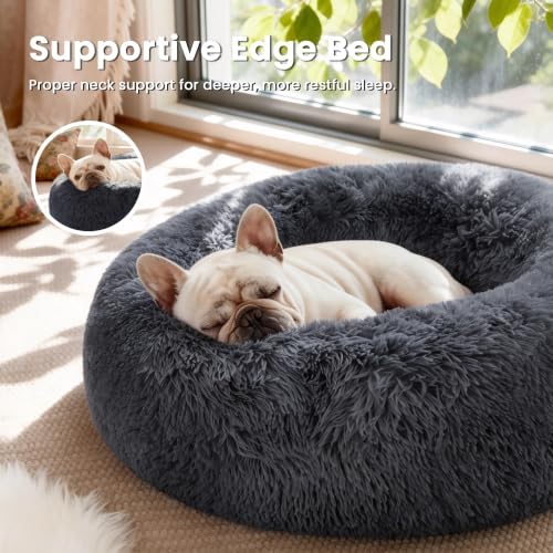 Love's cabin Calming Cat Bed for Indoor Cats, Anti-Anxiety Donut Round Dog Bed,Fluffy Faux Fur Washable Pet Bed for Small Medium Dogs and Cats, Bluish Grey, 24in