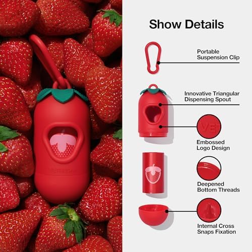VETRESKA Dog Poop Bag Dispenser with Strawberry Scented Bags, Leak Proof, Extra Thick and Large Pet Waste Bags,1 Count Bag Holder and 405 Bags (27 Refill Rolls) for Walking Dog and Cats Litter, Red