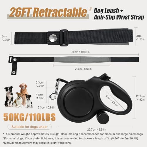 Retractable Dog Leash 26ft for Medium Large Dogs, Black