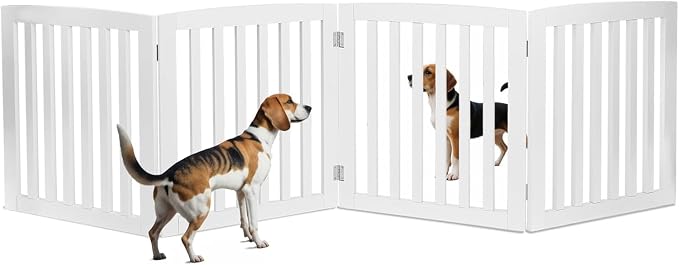 Extra Wide Dog Gate 82 x 24 Inch Freestanding Indoor Pet Door for House Doorways Stairs Halls, Foldable Wood Safety Fence 4 Panels, White