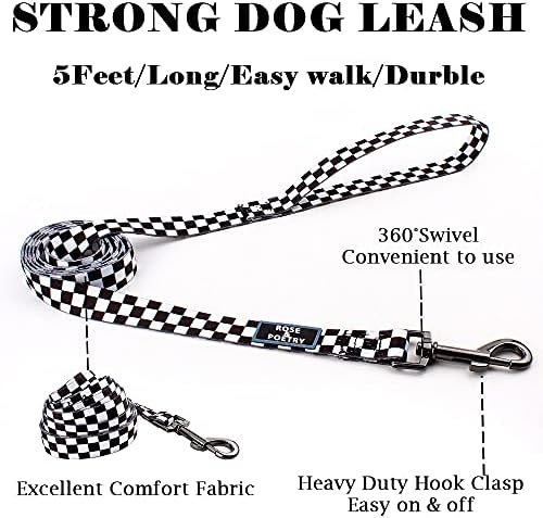 Roses&Poetry Dog Collar and Leash for Medium Large,Adjustable Durable 5ft Puppy Leash Collar for Dog Training Lead（Black & White-M）