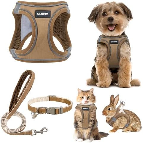 GAMUDA Small Pet Harness Collar and Leash Set, Step in No Chock No Pull Linen Fabric Soft Mesh Dog Vest Harnesses Reflective for Dogs Puppy Cats Kitten Rabbit (Brown, M)