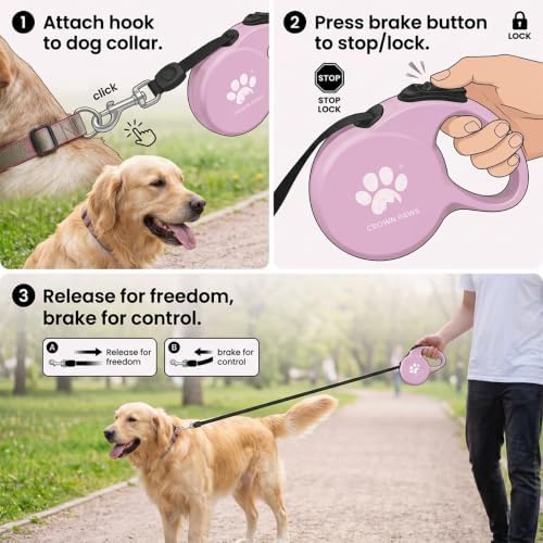 Retractable Dog Leash, 16ft Heavy Duty Nylon Tape for Large Dogs up to 110 lbs, One-Hand Brake & Lock, Tangle-Free, Ergonomic 3.2" XL Handle, Lightweight 0.56lb Pink L GC-DAN