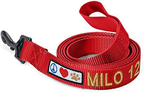 Pawtitas Personalized 6 ft Red Dog Leash XXS/Cat Custom Name and Phone Embroidery Strong Nylon Leash for Small Breeds