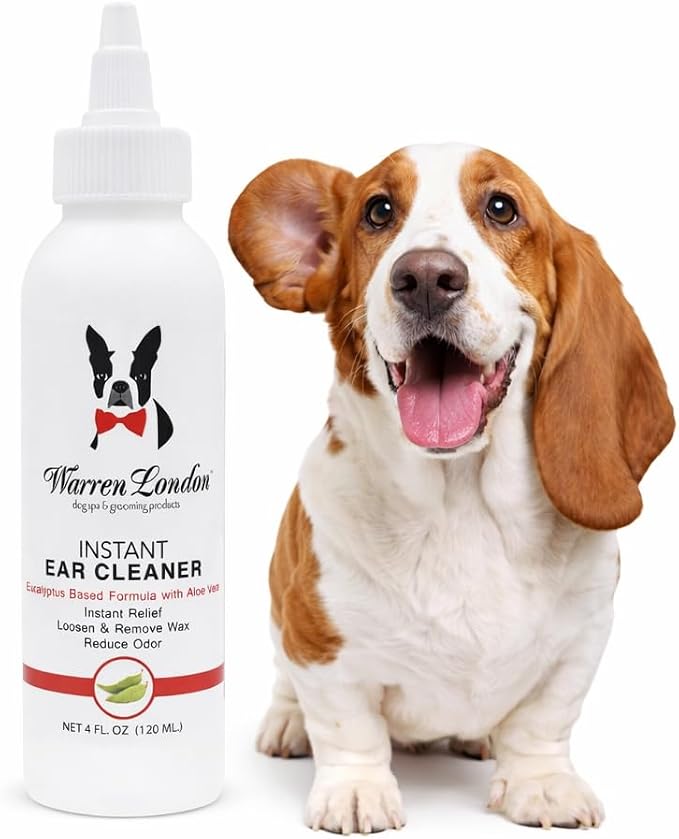 Warren London Ear Cleaner for Dogs & Cats 4 oz | Instant Aloe & Eucalyptus Ear Wash Solution – Cleans, Deodorizes, Soothes Itchy Ears, Prevents Wax & Odor | Puppy & Kitten Safe | Made in USA | 4oz