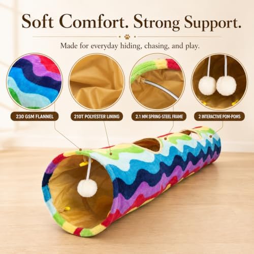 Cat Tunnel -Straight-Shaped, Rainbow Wave Color, Soft Velvet Exterior, Oxford Fabric Fog-Proof Interior, Plush Toy Ball, Easily Washable, Conveniently Foldable, 47.2in/120cm