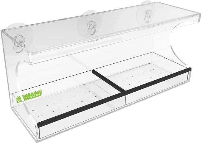 Window Bird Feeder with Strong Suction Cups – Clear Acrylic See Through Design, Removable Tray with Drain Holes, Extra Wide Perch for Viewing, Window Mounted for Cats, Balcony Apartment Bird Watching