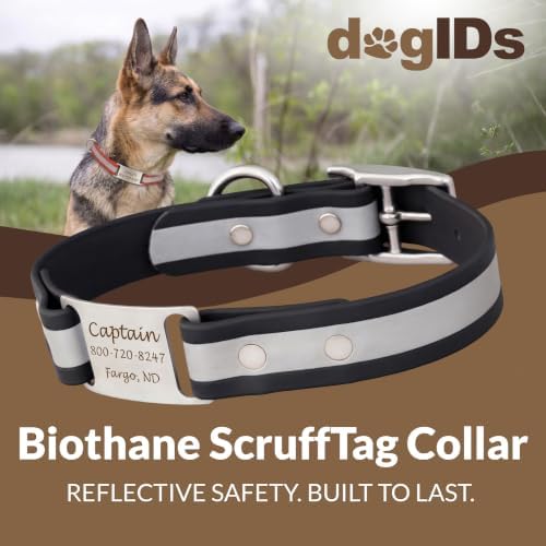 dogIDs Personalized Reflective Waterproof ScruffTag Dog Collar - Custom, Soft Grip, Safe Adjustable, Odor Resistant - Black, 1 in x 20 in (Fits Neck Sizes: 18-22 in)
