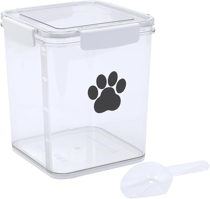 4L Dog Food Storage Container,Airtight Pet Food Storage Containers with Buckle-Lock Lids & Spoon,Plastic Cat Food Bin BPA Free,Dog Treat Container for Dog, Cat, Bird Seed - Bright White