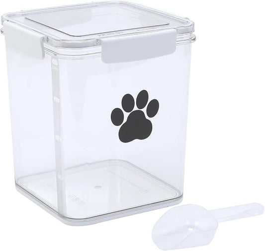 4L Dog Food Storage Container,Airtight Pet Food Storage Containers with Buckle-Lock Lids & Spoon,Plastic Cat Food Bin BPA Free,Dog Treat Container for Dog, Cat, Bird Seed - Bright White