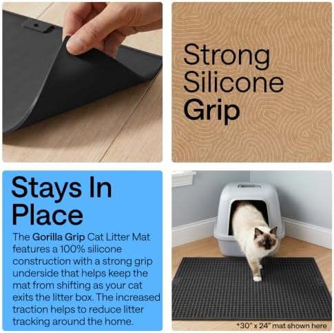 GORILLA GRIP Cat Litter Box Mat, Dual Layer Silicone Tray, 35x23, Black