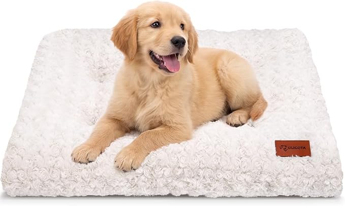 Dog Bed Crate Pad - Rosette Pattern White Velvet Pet Bed Anti-Slip Comfy Kennel Pad for Crates Rosette White M