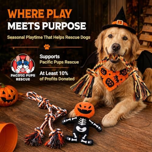 Pacific Pups Products Halloween Dog Toys for Large Dogs — 3-Pack Set | Plush Squeaky Toy + Dog Halloween Rope Toys Benefits Dog Rescue