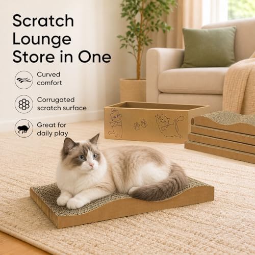 5 Packs Cat Scratcher Set with Storage Box, 2 Wave Lounge Pads + 3 Flat Corrugated Cardboard Scratch Pads for Indoor Cats, Replaceable Scratch Boards to Protect Furniture
