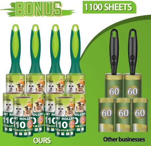 Extra Sticky Lint Rollers for Pet Hair, 1100 Sheets Total, Upgraded 4 Handles with 10 Refills Portable Travel Size for Couch Furniture Clothes Dog & Cat Hair Remover