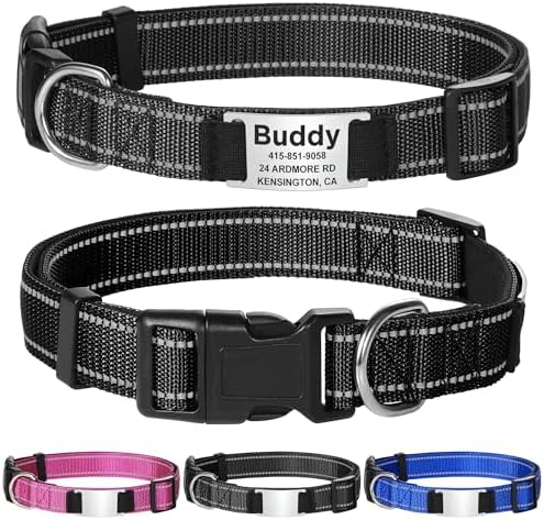 Nylon Personalized Dog Collars - Reflective Dog Collar with Name Tag Engraved, Soft Neoprene Padded Breathable Dog Collar Adjustable for Small/Medium/Large Dogs (Black, M)