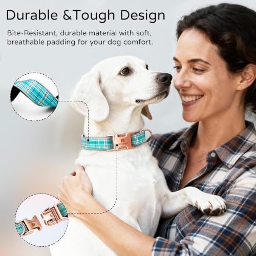 Reflective Plaid Dog Collar for Large Dogs, Light Green-L