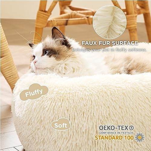 Bedsure Calming Cat Beds Donut Round Washable Kitten Bed,20 inches Cream