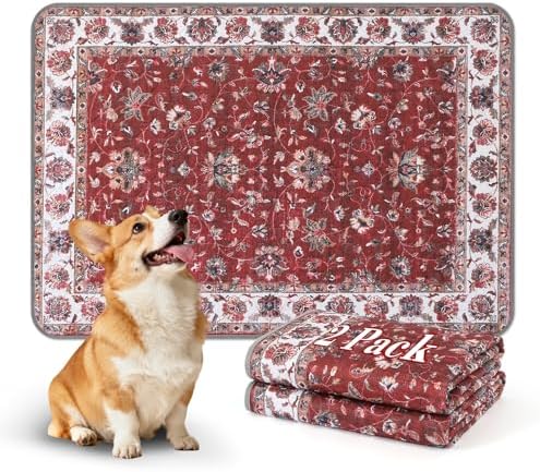Washable Pee Pads for Dogs, 2 Pack Reusable Puppy Pads Absorbent Training Pads for Dogs Waterproof Dog Mat Non-Slip Whelping Pet Mat (Red/Flower, 36“×41”-2Pack)