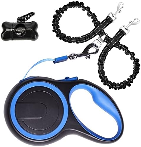 Dual Retractable Dog Leash for Walking 2 Small to Large Dogs up to 110 lbs / 50 kg,Double Headed 16 ft Extendable Dog Leash with Poop Bags--Non Slip Grip, 360 Tangle-Free,One Button Break & Lock,Blue