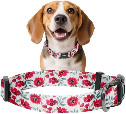 Kazazoo Dog Collar Cute and Soft Nylon Puppy Collar for Boy and Girl Dogs, Adjustable Dog Collars for Medium Dogs, Red Flowers-M
