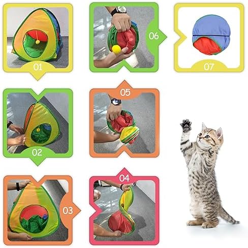 Andiker Cat Tent with a PlushBall, Colorful Foldable Polyester Cat Play Tents Match with Most Cat Tubes for Indoor Cats Game, Sleep, 3 Holes Convenient Kitten Nest for Indoor Kitten, Rabbit(Tent S)