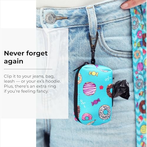KIKI & RIKI Premium Dog Poop Bag Holder, Waste Dispenser with Leash Clip, Artist-Designed Print (Designed in Georgia), Includes 1 Starter Roll of Bags, Fits Standard Rolls, Light Blue (Sweetie Donut)