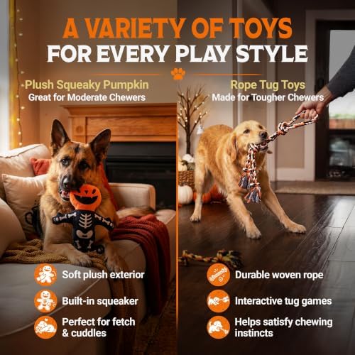 Pacific Pups Products Halloween Dog Toys for Large Dogs — 3-Pack Set | Plush Squeaky Toy + Dog Halloween Rope Toys Benefits Dog Rescue