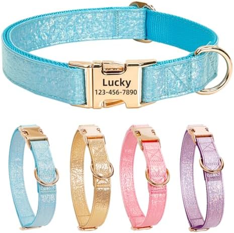 Glare Blue Personalized Dog Collars Leather and Nylon Thicken Design