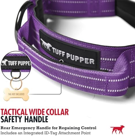 Tuff Pupper Tactical Dog Collar | Heavy Duty 1.5" Wide Ballistic Nylon | Training Control Handle | Quick-Release Metal Buckle | Reflective Bands | ID Tag Holder | Padded Inner Lining (Purple, Medium)