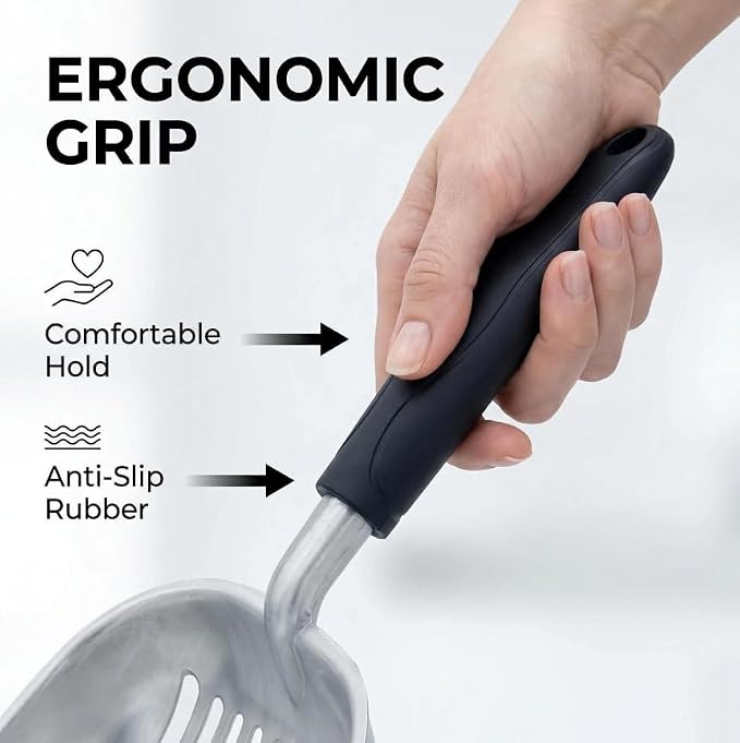 Full Metal Cat Litter Scoop with Holder, Stainless Steel Cat Litter Scooper Holder, Aluminum Kitty Scoop Captures All Clumps, Heavy Duty Kitty Metal Scooper with Non-Slip Handle