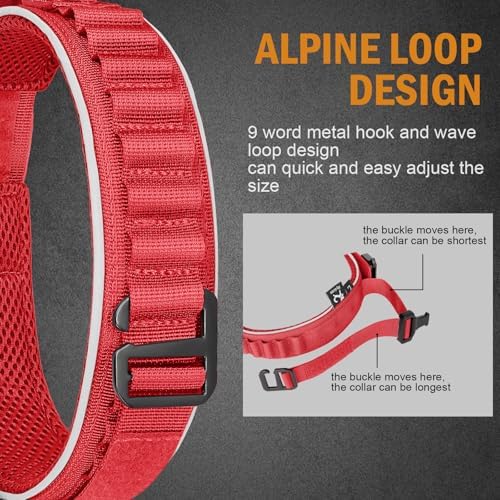 HYDEME Tactical Dog Collar, Alpine Loop Adjustable Military Training Nylon Dog Collars with Handle and Reflective for Small Medium Large Dogs, with Airtags Protective Case & Patches.(XL,Red)