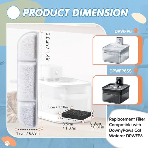12Packs Replacement Filters Compatible with Downy Paws Cat Water Fountain - Triple Filtration Filters for DownyPaws 84oz/2.5L Wireless Pet Fountain DPWFP6 (12 Filters & 12 Sponges)