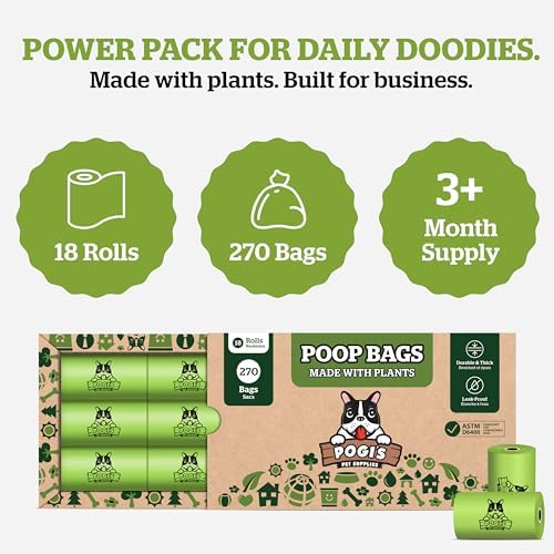 Pogi's Compostable Poop Bags – Leak-Proof, Extra-Large, Made with Plants – 18 Rolls (270 Bags)