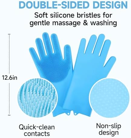 Dog Washing Gloves - Quick Drying Dog Towel,Cat Bath Grooming Gloves Brush with High-Density Teeth for Bathing Massaging，Absorbent Pet Bath Towel 30.3"x13.8" with Hand Pocket for Dog Cat Blue