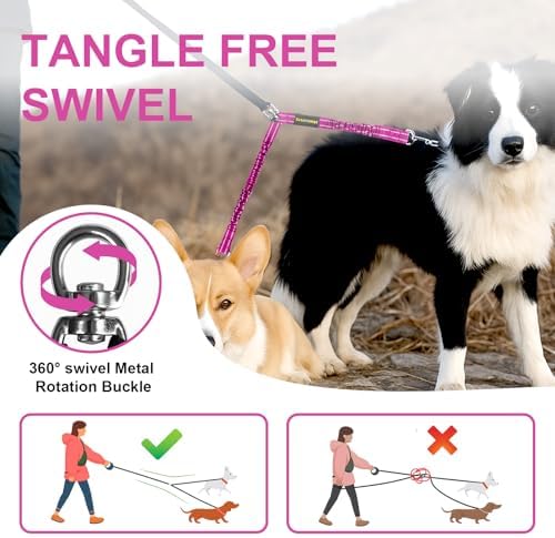 MingXpet 2 Dog Leash, Dog Leash for 2 Dogs, 360° Swivel No Tangle Double Walking Training Leashes for Small Dogs, Comfortable Shock Absorbing Reflective Bungee, Rose