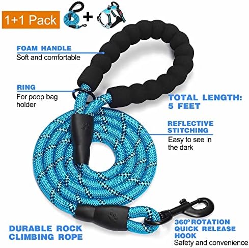 tobeDRI No Pull Dog Harness Adjustable Reflective Oxford Easy Control Medium Large Dog Harness with A Free Heavy Duty 5ft Dog Leash, Blue/Grey, XL