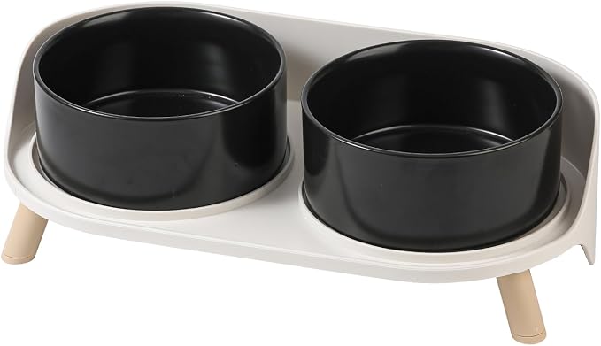 Elevated Ceramic Dog Bowl Set - Double Dog Feeding Bowls with Stand Splash Proof - Raised Dishes for Food and Water - Ideal for Small to Medium Dogs - 2 x 720 ml - 11.3 oz - Black