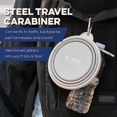 Bonza Collapsible Dog Bowls - Large 33 oz, Dog Travel Accessories, Silicone Portable Dogs Bowl & Water Dish with Reinforced Rim & Carabiner for Hiking, Camping, and Car Trips, Black