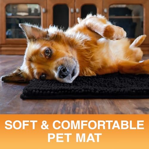 Neater Pets Muddy Paws Dog Door Mat 30” x 20” – Super Absorbent & Quick-Dry Chenille Doormat for Trapping Dirt, Water, Mud - Non-Slip & Machine Washable Pet Rugs for Entryway, Indoor Mud Mats, Black