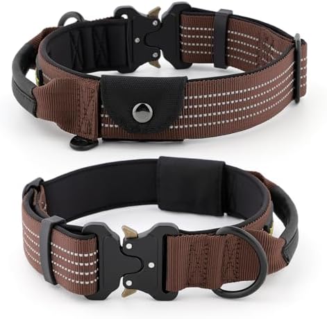Plutus Pet Tactical Dog Collar with Pocket for AirTag, Chocolate, M