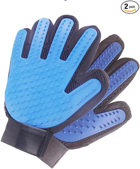 2 Pack Left & Right Hand Pet Grooming Gloves, Soft Rubber Deshedding Brush Mitt, Adjustable Strap Fur Remover for Small Medium Large Dogs and Cats,Blue