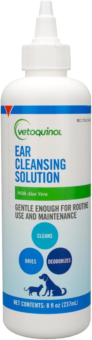 Vetoquinol Ear Cleansing Solution - Gentle Cleaner to Remove Dirt & Debris - Easy-to-Use Drops for Cats & Dogs - Support Clean and Fresh-Smelling Ears - Ideal for Routine Pet Hygiene - 8 Ounces