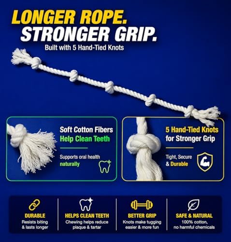 35" Dog Rope Tug Toy – 5-Knot Cotton Rope, Perfect Balance for Tug & Chew, Durable Interactive Toy for Medium & Large Dogs (22–88 lbs), Indoor & Outdoor, Washable, White